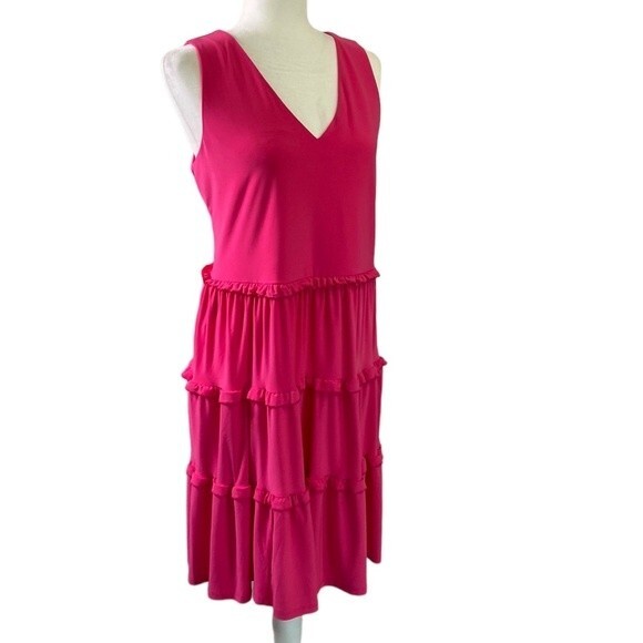 Tommy Hilfiger V-Neck Tiered Ruffle Sleeveless Shift Dress Flowy Barbiecore - Picture 3 of 16